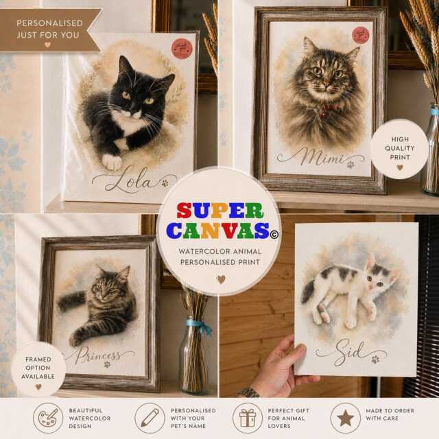 Custom Watercolour Pet Cat Personalised Painting Portrait Print From Photo Memorial Artwork Framed Unique Handmade Lover Gift - image 1