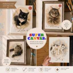 Custom Watercolour Pet Cat Personalised Painting Portrait Print From Photo Memorial Artwork Framed Unique Handmade Lover Gift - thumbnail 1