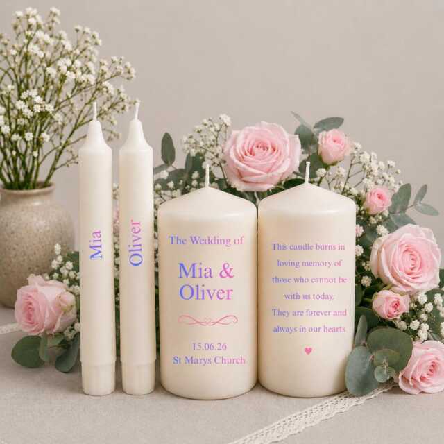 Personalised Wedding Candle Set - Unity With Memorial Bride & Groom Ceremony Candles Purple Pink Bundle Keepsake - image 1