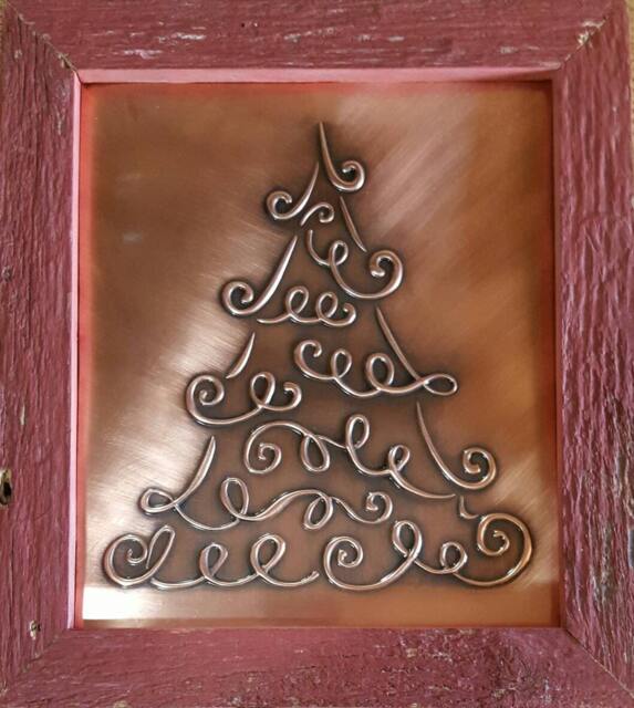 Hand Tooled Copper Christmas Tree Art Decor - Barn Board Frame - image 1