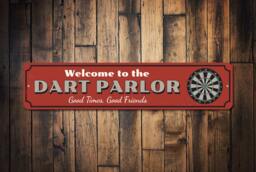 Dart Parlor Welcome Sign, Good Times Friends, Decor, Game Room Wall Home Bar Decor - Metal Sign