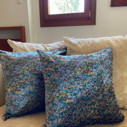Velvet Cushion Cover, Floral Decorative Cushion, Throw Pillow Double Sided, Blue Printed Velvet - thumbnail 2