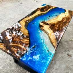 Personalized Live Edge Resin Dining Table Blue Ocean Epoxy, Reclaimed Wood - thumbnail 2