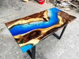 Personalized Live Edge Resin Dining Table Blue Ocean Epoxy, Reclaimed Wood - thumbnail 1