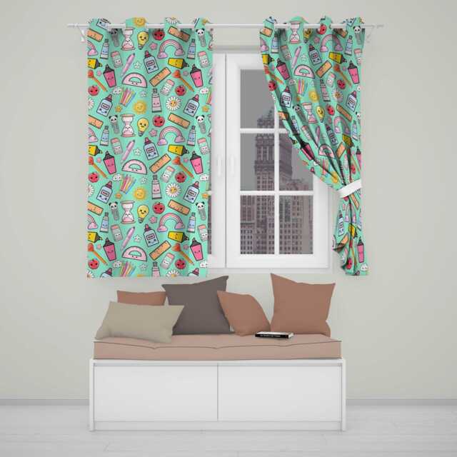 Cute Kawaii School Supplies Glue Ruler Rainbow Apple Green Seamless Pattern Readymade Eyelet Ring Top Thermal 100% Blackout Curtains - image 1