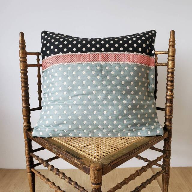Handmade Polka Dot Cushion Cover Black, Aqua & Vintage Ribbon - 19 - image 1