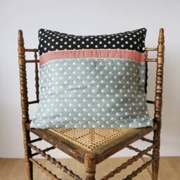Handmade Polka Dot Cushion Cover Black, Aqua & Vintage Ribbon - 19 - thumbnail 1