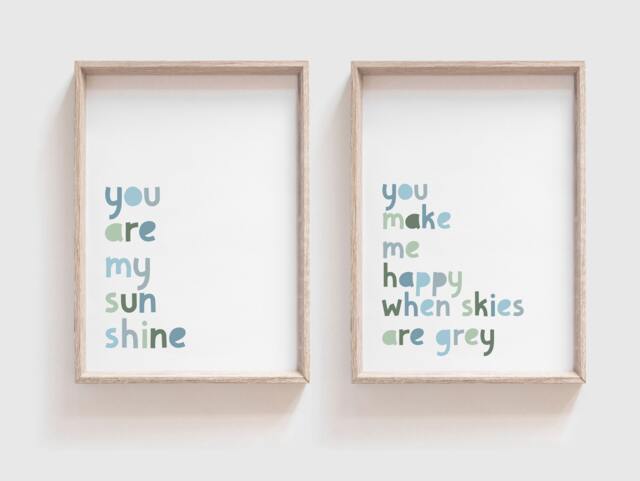 Set Of 2 Boys Nursery Prints, You Are My Sunshine Wall Art, Boy Bedroom Muted Blue & Green - image 1
