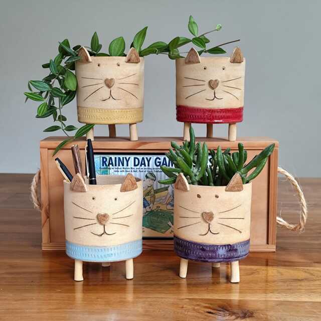 Handmade Ceramic Cat Planter Indoor Garden Decor - image 1