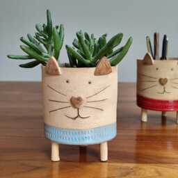 Handmade Ceramic Cat Planter Indoor Garden Decor - thumbnail 3