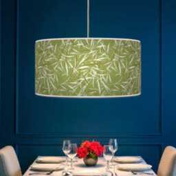 Green White Leaves Print Lampshade - Handmade Floral Drum Pendant Botanical Ceiling Light For Modern Natural Interiors - thumbnail 2