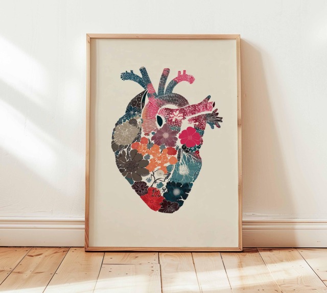 Floral Heart Wall Art Print, Anatomical Poster, Botanical Illustration Artwork, Modern Medical Nature Decor, Unique Flower - image 1