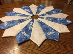 Quilted Christmas Tree Skirt Blue Poinsettia Floral, Silver Accents - 26 Inch