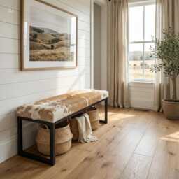 Cowhide Entryway Bench - Modern Steel Frame - Fpb - thumbnail 3