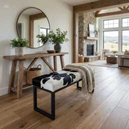 Cowhide Entryway Bench - Modern Steel Frame - Fpb - thumbnail 4