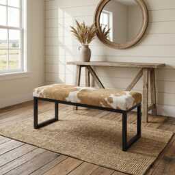 Cowhide Entryway Bench - Modern Steel Frame - Fpb