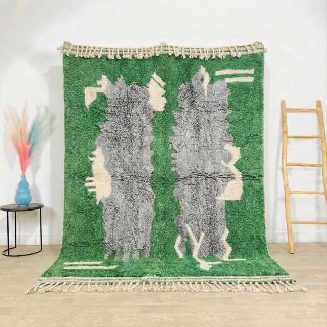 Moroccan Green Berber Rug, Handwoven Wool Shag Rug With Abstract Shapes, Authentic Beni Ourain Style Carpet, Large 9x12 Area - image 1