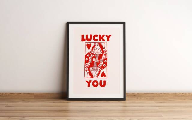 Lucky You Print - Queen Of Hearts Playing Card Trendy Wall Art Bar Decor Retro Motivational Wall Art Office - image 1