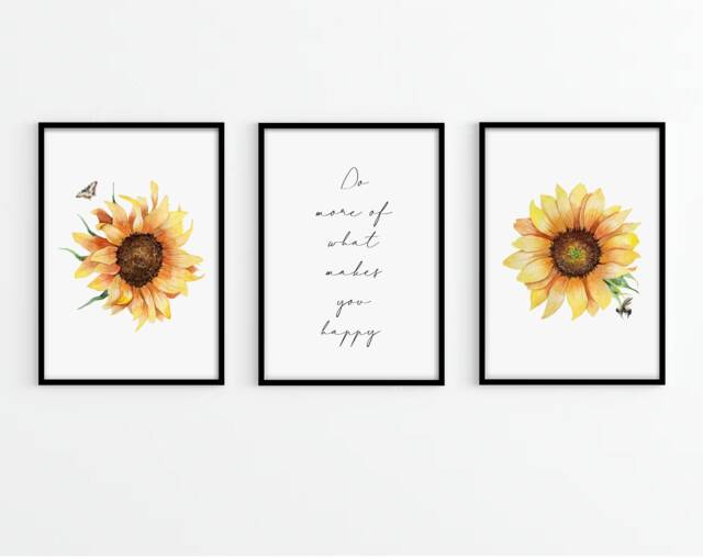 Set Of 3 Sunflower Wall Prints - Home Decor Bedroom Quote Prints Happy Quote Bee Print Botanical - image 1