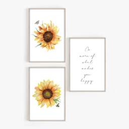 Set Of 3 Sunflower Wall Prints - Home Decor Bedroom Quote Prints Happy Quote Bee Print Botanical - thumbnail 2