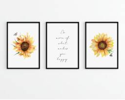 Set Of 3 Sunflower Wall Prints - Home Decor Bedroom Quote Prints Happy Quote Bee Print Botanical - thumbnail 1