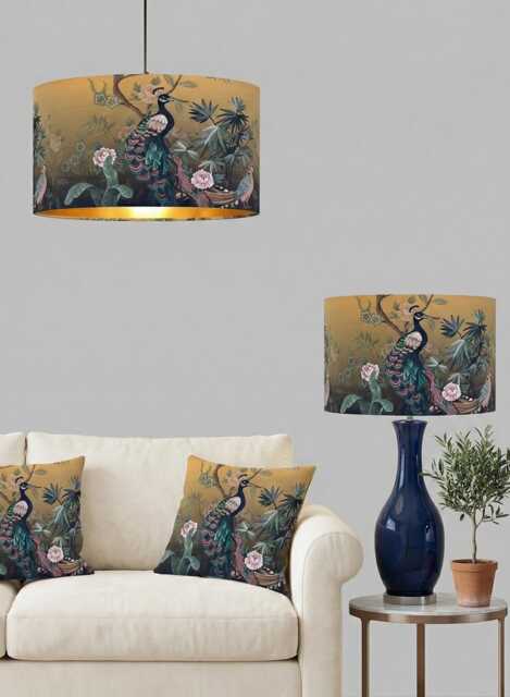Handmade By Order Super Luxury Golden Peacock Bird On Tree Pattern Velvet Drum Table Lamp Shade Pendant Light All Shapes - image 1