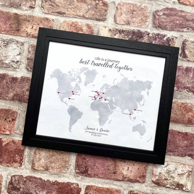 Silk Wedding Anniversary Gift, Framed Love Story, Personalised World Map - image 1