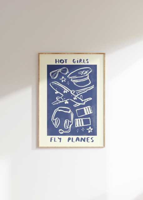Hot Girls Fly Planes Pilot Wall Print - Plane Illustration Raf Poster Flying Art Gift Idea Trendy Aesthetic - image 1