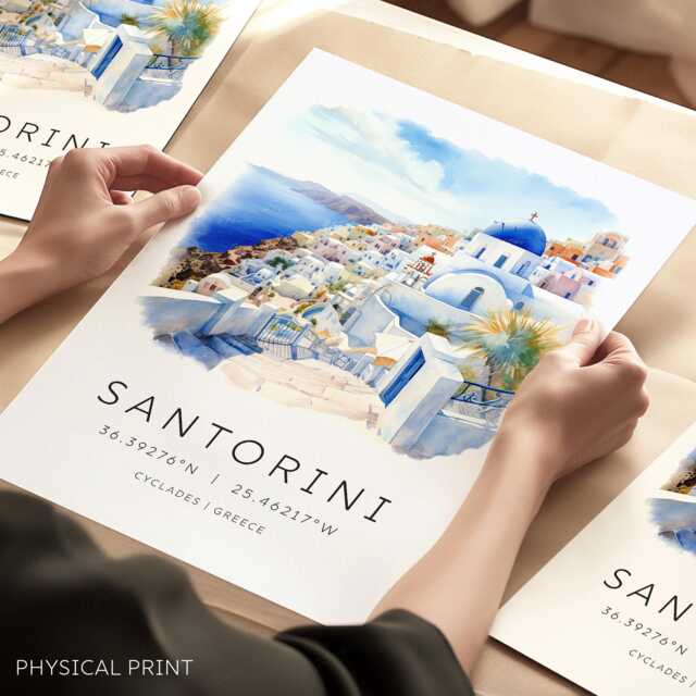 Santorini Travel Print, Poster, Wall Art, Wedding Gift, Greece Illustration, Couples Gifts, Location Art - image 1