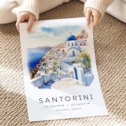 Santorini Travel Print, Poster, Wall Art, Wedding Gift, Greece Illustration, Couples Gifts, Location Art - thumbnail 2