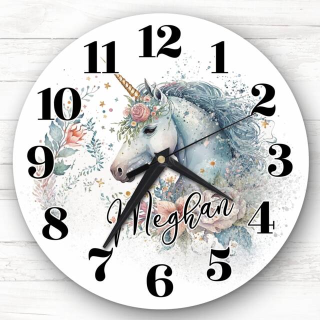 Watercolour Floral Unicorn Girls Room Custom Gift Personalised Clock - image 1