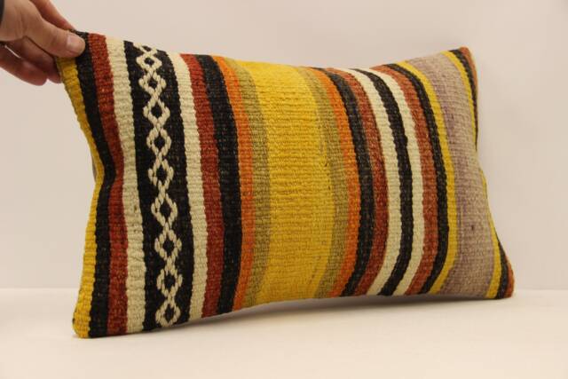 Vintage Turkish Kilim Lumbar Pillow Cover, Wool Accent Throw - 12x20 In - image 1