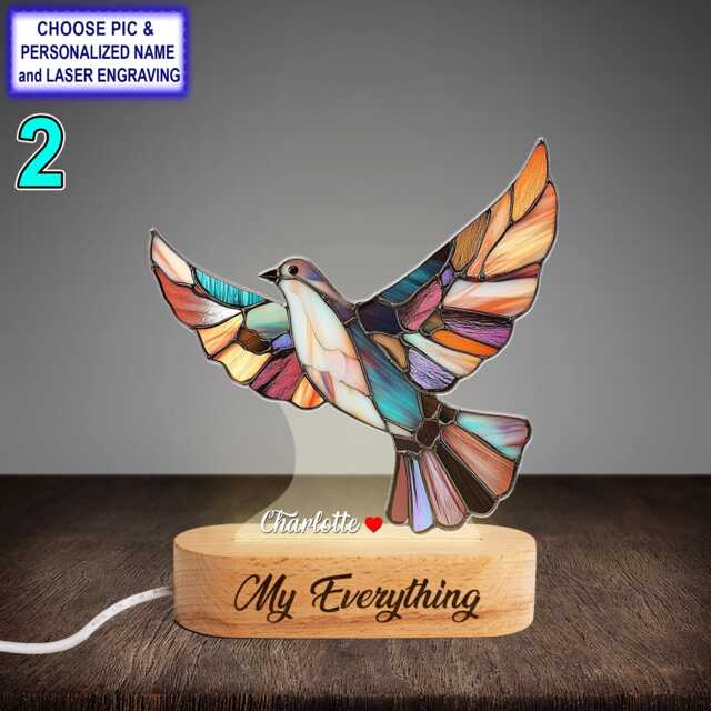 Personalized Beautiful Dove Acrylic Night Light With Name Engraving, Beech Wood Led Lamp, Custom Laser Engraved Gift - image 1