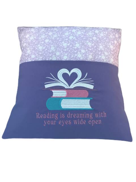 Purple Floral Book Cushion Embroidered Heart Pocket Reading Pillow - image 1