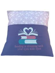 Purple Floral Book Cushion Embroidered Heart Pocket Reading Pillow - thumbnail 1
