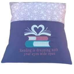 Purple Floral Book Cushion Embroidered Heart Pocket Reading Pillow - thumbnail 2