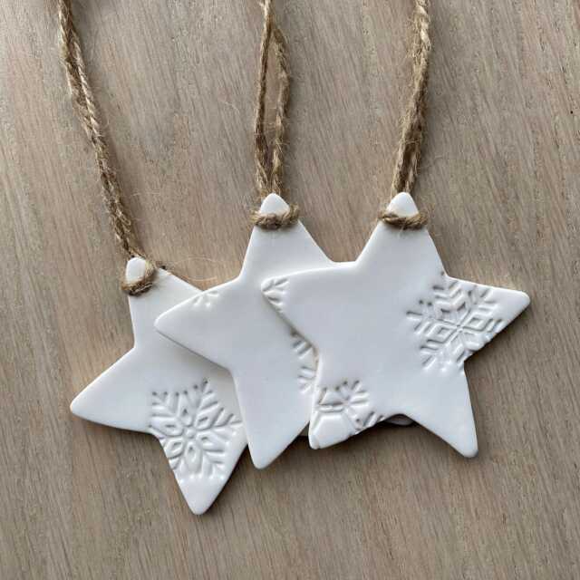 3/5 Large White Clay Embossed Stars, Tree Ornaments, Wall Hanging, Scandi Christmas Decor, Nordic Decoration, Handmade Ornaments - image 1