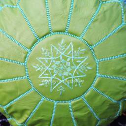 Green Leather Ottoman Pouf, Handmade Moroccan Floor Decor - thumbnail 3