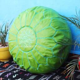 Green Leather Ottoman Pouf, Handmade Moroccan Floor Decor - thumbnail 2