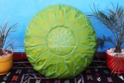 Green Leather Ottoman Pouf, Handmade Moroccan Floor Decor