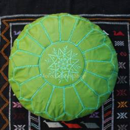 Green Leather Ottoman Pouf, Handmade Moroccan Floor Decor - thumbnail 4