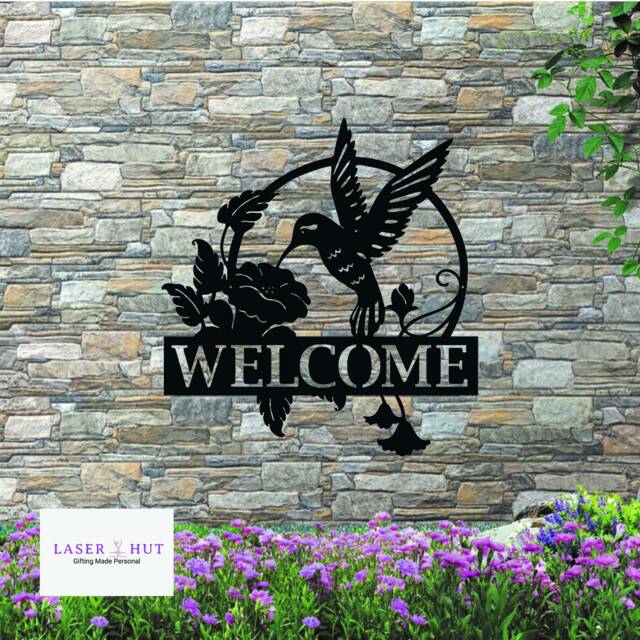 Hummingbird Welcome Sign Rustic Metal Garden Wall Art - image 1