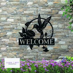 Hummingbird Welcome Sign Rustic Metal Garden Wall Art - thumbnail 1
