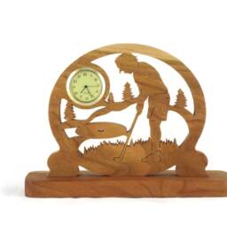 Handmade Cherry Wood Female Golfer Desk Clock - thumbnail 2