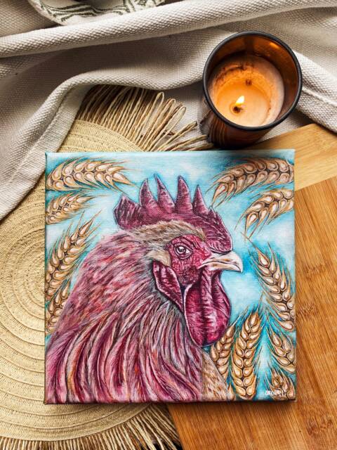 Original Painting Rooster Portrait Acrylic On Canvas, Cottage Farm Artwork, Animal Wall Art - image 1