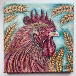 Original Painting Rooster Portrait Acrylic On Canvas, Cottage Farm Artwork, Animal Wall Art - thumbnail 3