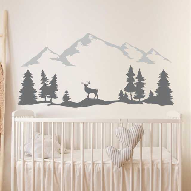 Mountain Wall Decal Nursery, Woodland Forest Stickers With Deer & Pine Trees - image 1