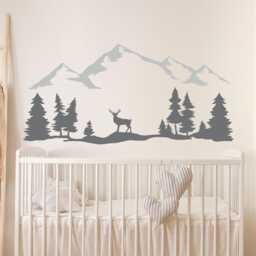 Mountain Wall Decal Nursery, Woodland Forest Stickers With Deer & Pine Trees - thumbnail 1