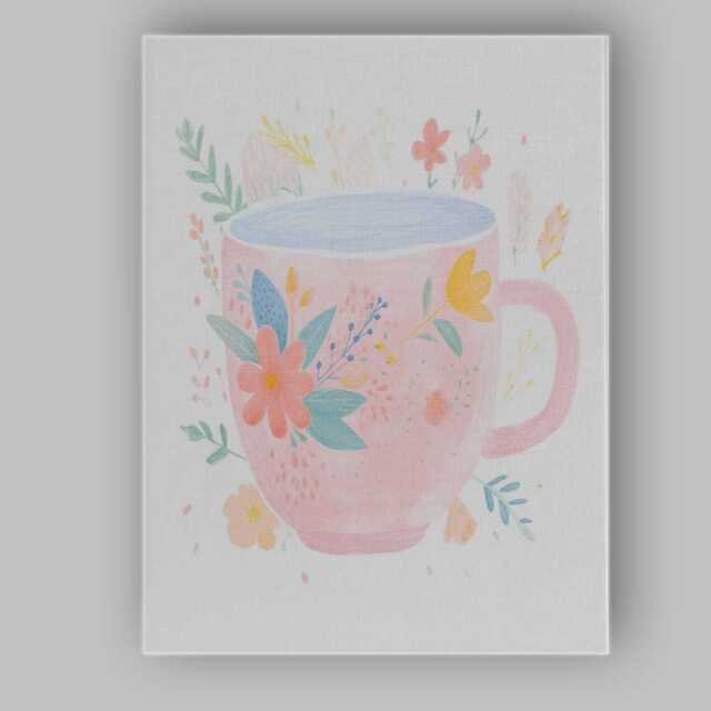 Pink Botanical Coffee Mug Watercolour Floral Illustration Canvas Wall Art Print Decor Picture Ready To Hang - image 1