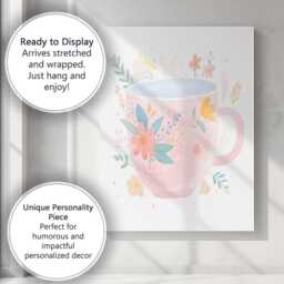 Pink Botanical Coffee Mug Watercolour Floral Illustration Canvas Wall Art Print Decor Picture Ready To Hang - thumbnail 3
